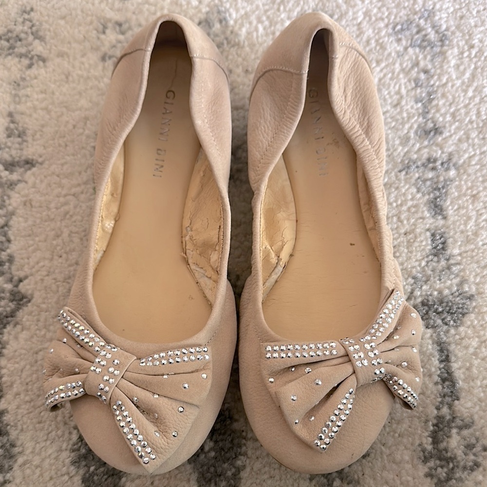 Tan Ballet Flats with Rhinestone Bow